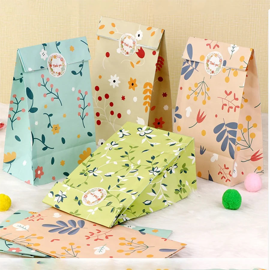 12/24PCS Plant Pattern Gift Paper Bags for Candy Cookie Bakery Kraft Paper Packaging Bags with Stickers - mixed color-24pcs