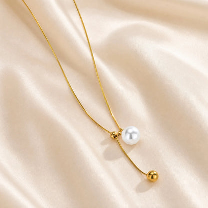 Pearl Lariat Necklace for Women, Gold Plated Stainless Steel Adjustable Slide Chain Y Necklace with Pearl Charm, Dainty Jewel