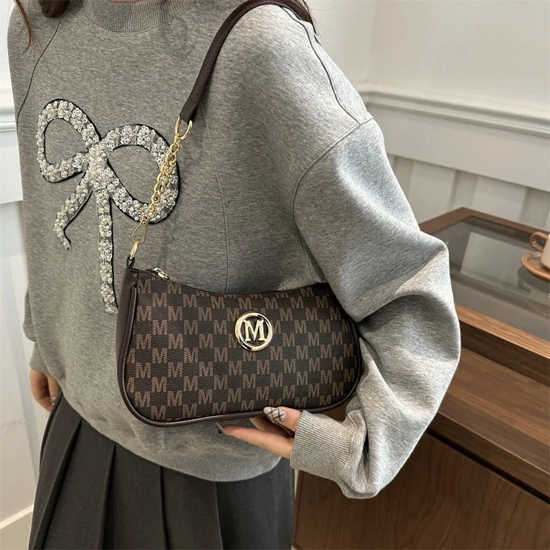 Vintage Style Handbag Crossbody Bag, Gold Letter 'M' Design Pu Leather Shoulder Messenger Bag, Synthetic Leather Tote Bag, Pu