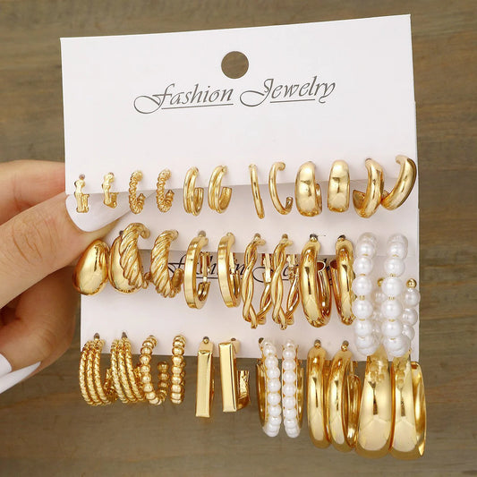 Fashion Geometric Hoop Earrings Set for Women Vintage Bohemian Pearl Gold Color Round Earring Punk Daily Wear Jewelry Gifts 2