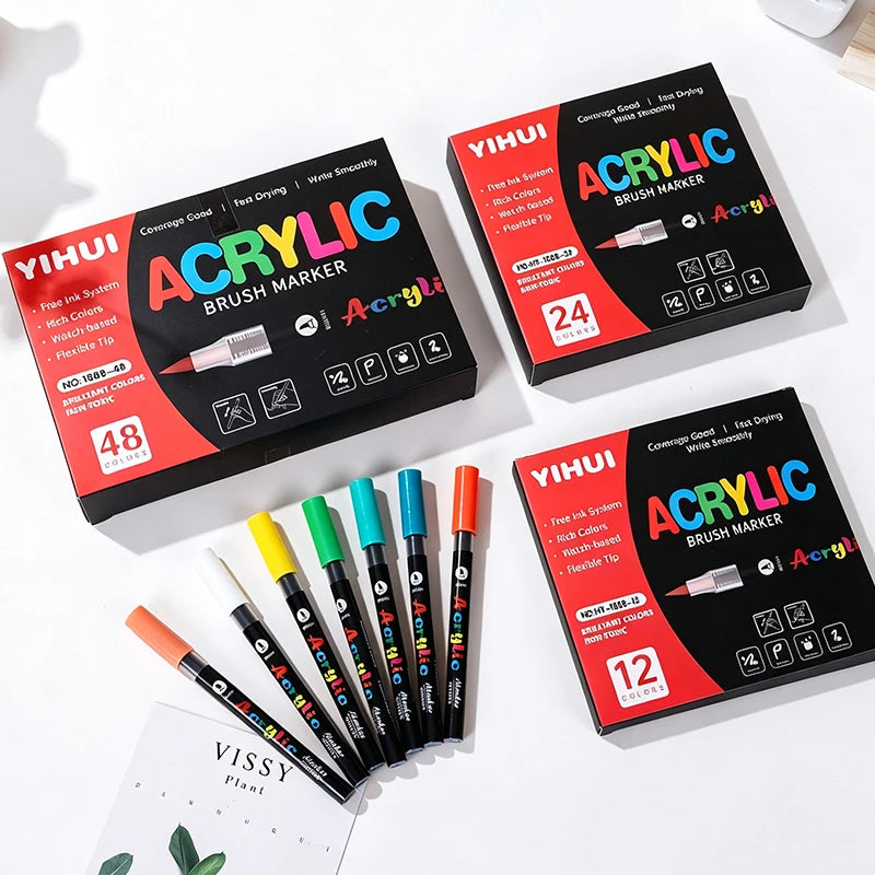 48 Colors Soft Brush Tip Acrylic Markers Pen Set, Paint Pens for Rock, Wood, Fabric, Glass, DIY Crafts, Waterproof Paint Mark
