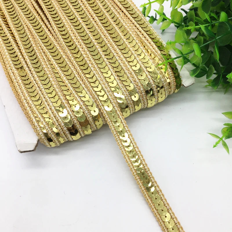 3 yards 13mm Sequins Ribbon Lace Trim Sequin Fabric For Dress Clothes Headdress Bridal Sewing Accessories DIY - Golden