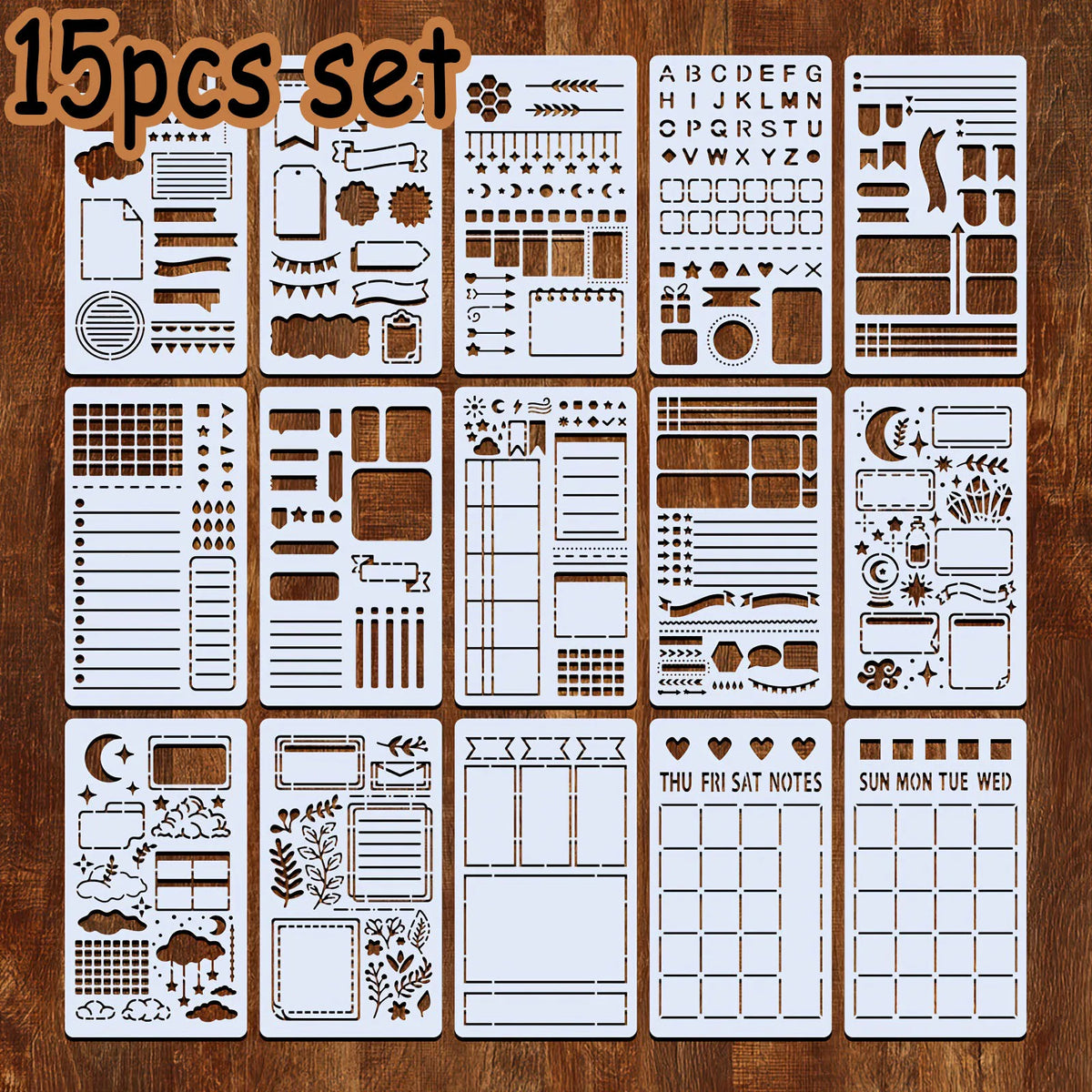 15Pcs Drawing Templates Reusable Bullet Stencils Diary for Painting DIY Scrapbooking Diary Scrapbook Journal Stationery Gifts