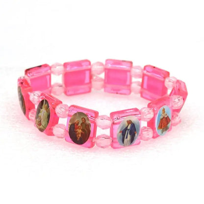 Vintage Jesus And Virgin Mary PVC Rosary Bead Bracelet With Elastic Band Religious Image Stickers For Daily Wear Parties