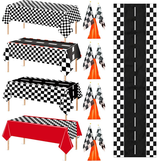 1pc Racing Car Tablecloth Black Racing Track Table Runner Racing Car Party Supplies Decor Racing Flags Table Centerpieces