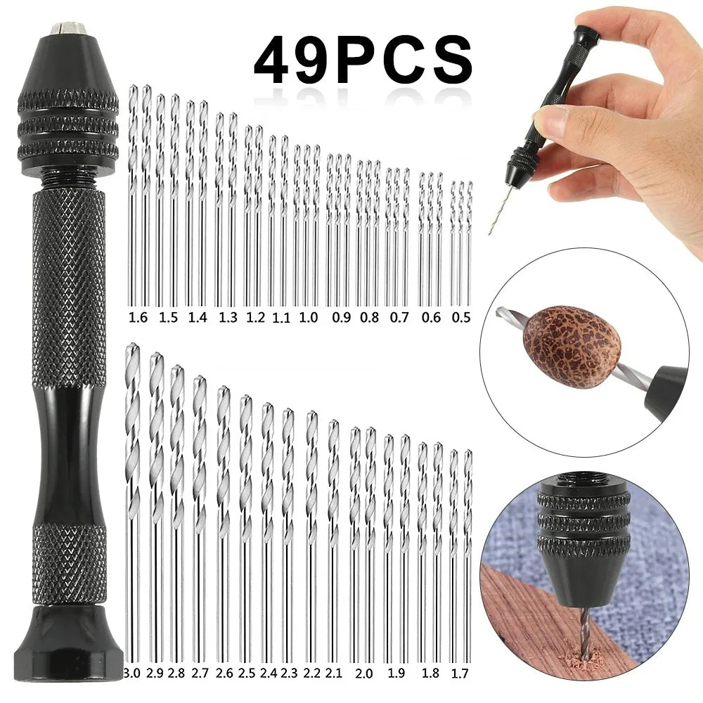 49pcs 0.2-3.4mm Hand Drill Set Mini Aluminum Hand Drill Bit Jewelry Craft Hand Manual Drill Woodworking Tools Drill Bit