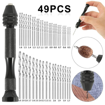 49pcs 0.2-3.4mm Hand Drill Set Mini Aluminum Hand Drill Bit Jewelry Craft Hand Manual Drill Woodworking Tools Drill Bit