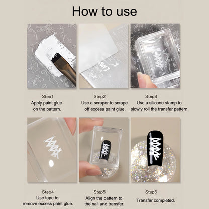 Square Clear Silicone Nail Stamp Set, Alcohol-Cleanable, Suitable for Large Plates, Includes Scraper and Replacement Stamp He