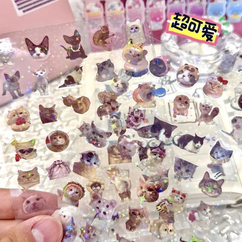 10PCS Cute Cat Laser Stickers Glitter Waterproof Translucent Funny Stationery Cute Scrapbooking Materials Craft Supplies
