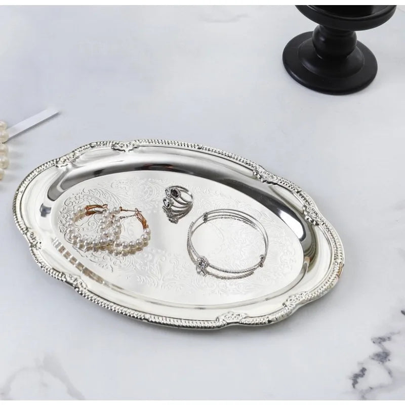 Vintage Embossed Silver Tray Serving Platter For Desserts Jewelry Storage Organizer Snack Plate Dining Table Decoration
