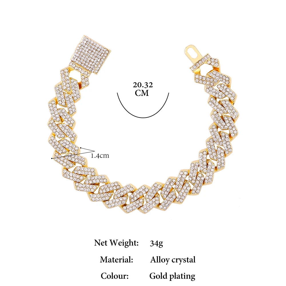 14MM Iced Prong Link Cuban Chain Bracelets for Men Women Full Rhinestones Chunky Miami Cuban Bracelet Punk Hip Hop Jewelry Gi