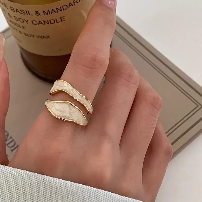 LATS Vintage White Enamel Metal Irregular Shape Geometric Open Adjustable Ring for Women Girl Fashion Jewelry Birthday Gifts 