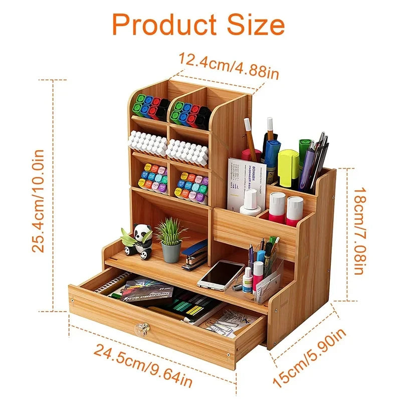 Wooden Desk Organiser DIY Desktop Tidy Pen Holder Large Capacity Stationery Storage Box with Drawer for Home Office and Schoo