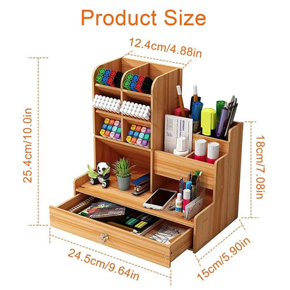 Wooden Desk Organiser DIY Desktop Tidy Pen Holder Large Capacity Stationery Storage Box with Drawer for Home Office and Schoo
