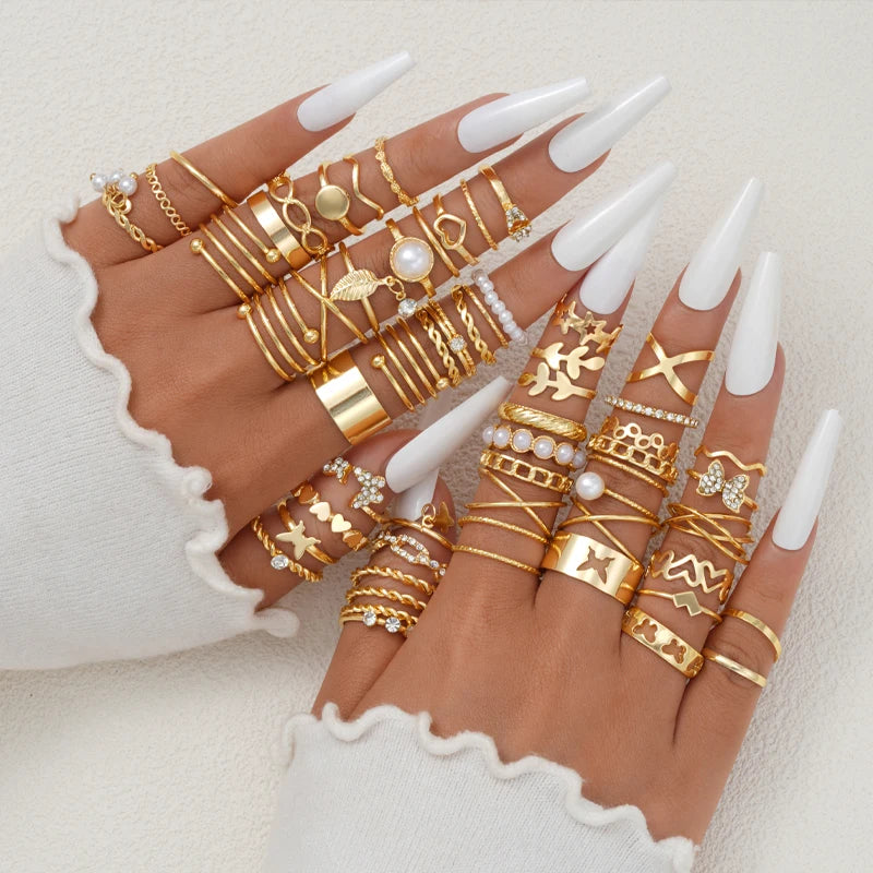 58PCS Vintage Heart Snake Butterfly Rings Set for Women Fashion Metal Gold Plated Geometric Hollow Finger Ring Jewelry Gifts 