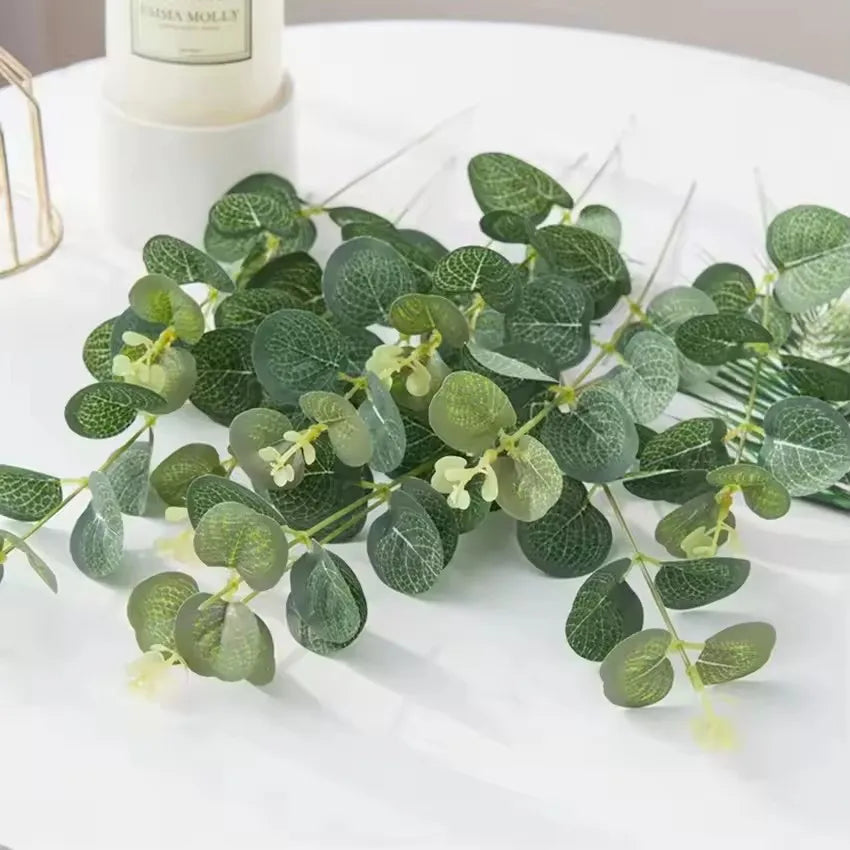 10pcs Eucalyptus Leaf Stems Green Artificial Plants Living Room Decor Bride Wedding Vases Flowers Bouquet Decor Artificial Pl