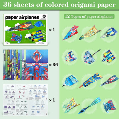 Paper Airplane Kits with 12 Classic Designs, Colorful Origami Paper, World Record Paper Planes, Airplane For School Students(