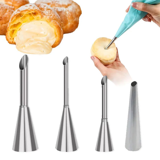 4Pcs Puff Pastry Piping Nozzle Set, Stainless Steel Decorating Tips for Cake Cupcake Cookie Cream Icing, Baking Tools for Bak