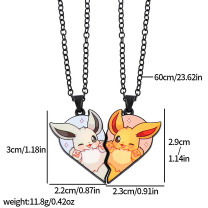 2-piece cute Eevee cartoon pendant necklace with heart patchwork, anime-style metal necklace - XL3398