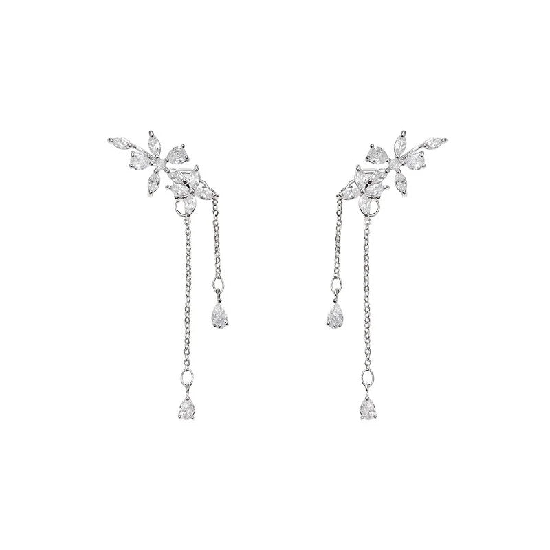 Summer Silver Plated Fashionable Tassel Inlaid Zircon Flower Earrings For Women, New Trendy Light Luxury Earrings Accessories