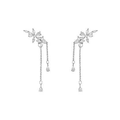 Summer Silver Plated Fashionable Tassel Inlaid Zircon Flower Earrings For Women, New Trendy Light Luxury Earrings Accessories