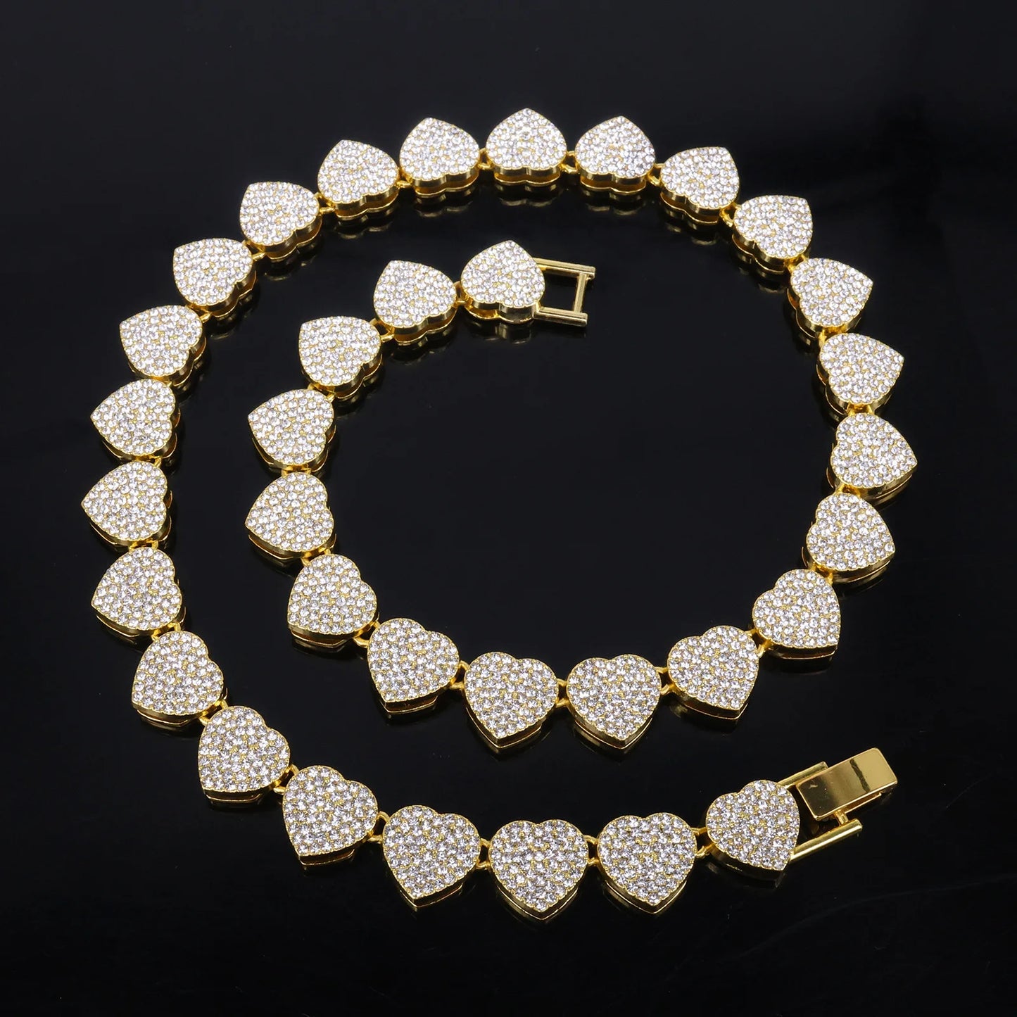 ZAKOL 45CM New Hip Hop Tennis Chain Bracelet Necklace Shiny Heart Rhinestone CZ Fashion Rock Party Jewelry Set - Gold Color 4