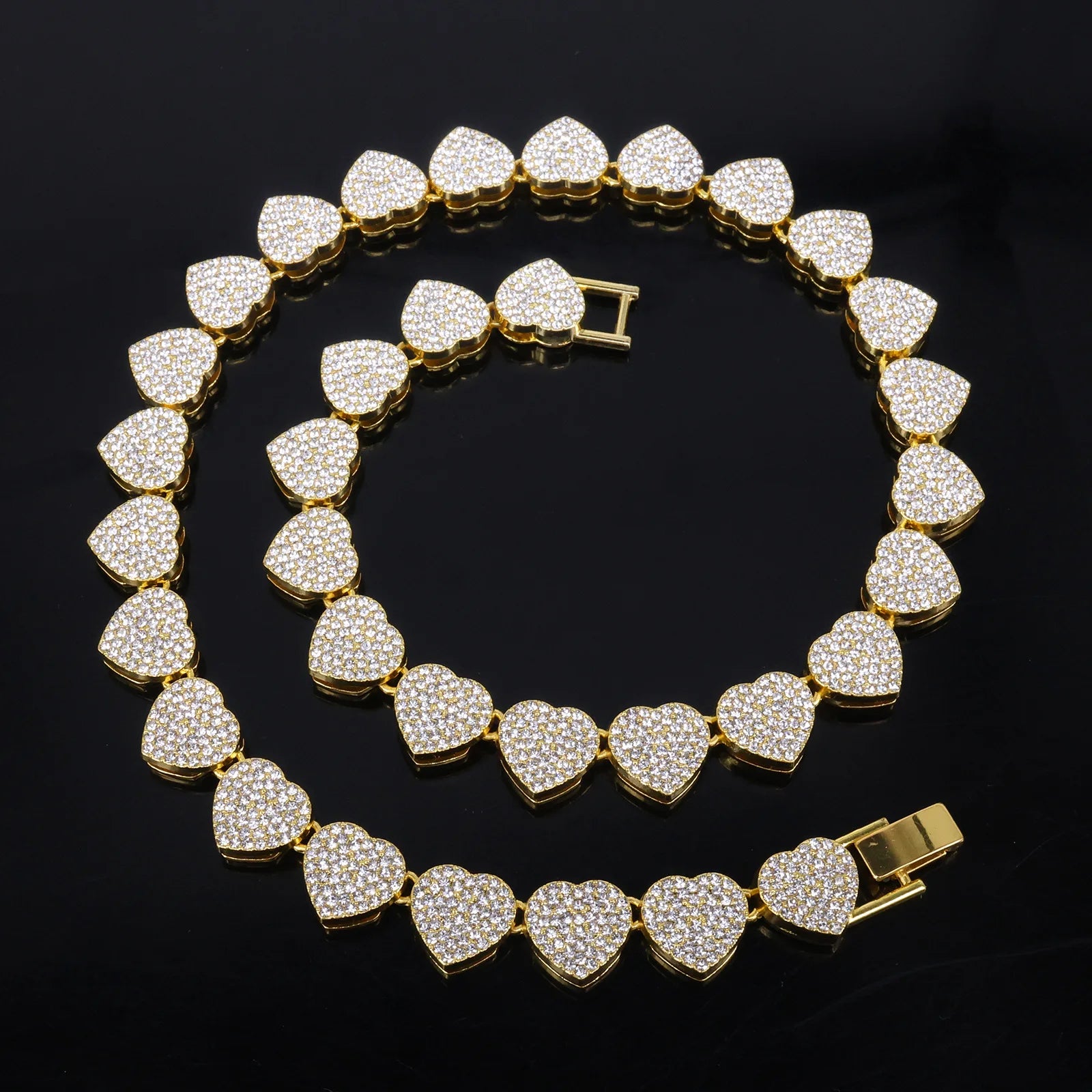 ZAKOL 45CM New Hip Hop Tennis Chain Bracelet Necklace Shiny Heart Rhinestone CZ Fashion Rock Party Jewelry Set - Gold Color 4