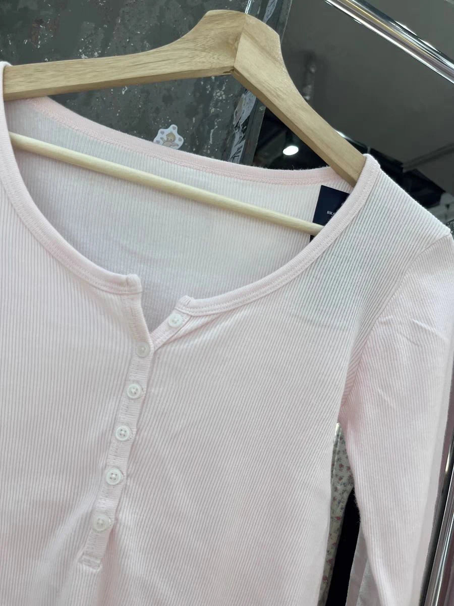 Six Buttons Ribbed Long Sleeve T-shirts Women Spring Round Neck Cotton Slim Tee Top Female Sweet Cute Pink Tshirt Y2k Tops Ne