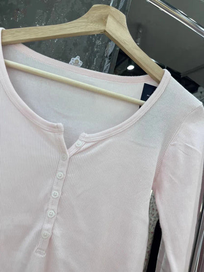 Six Buttons Ribbed Long Sleeve T-shirts Women Spring Round Neck Cotton Slim Tee Top Female Sweet Cute Pink Tshirt Y2k Tops Ne
