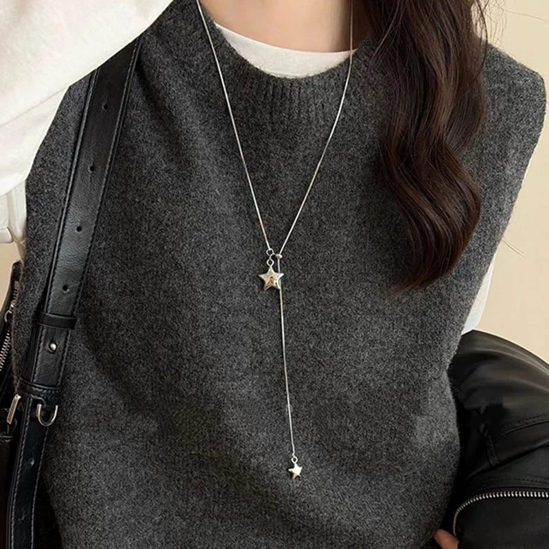 Minimalist Asymmetry Star Lariat Necklace for Women Adjustable Y-shaped Titanium Steel Chain Casual Daily & Party Jewelry Gif