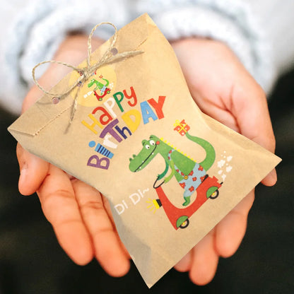 24Sets Thank You Kraft Paper Bags Cute Rainbow Dino Happy Birthday Gift Pouch Retro Flower Party Favor Bag Candy Cookie Suppl