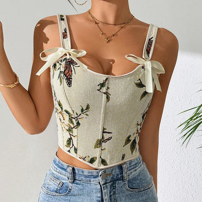 Sexy French Floral Print Bra Top Retro Double Strap Chest Support Body Shapewear Vintage Corset