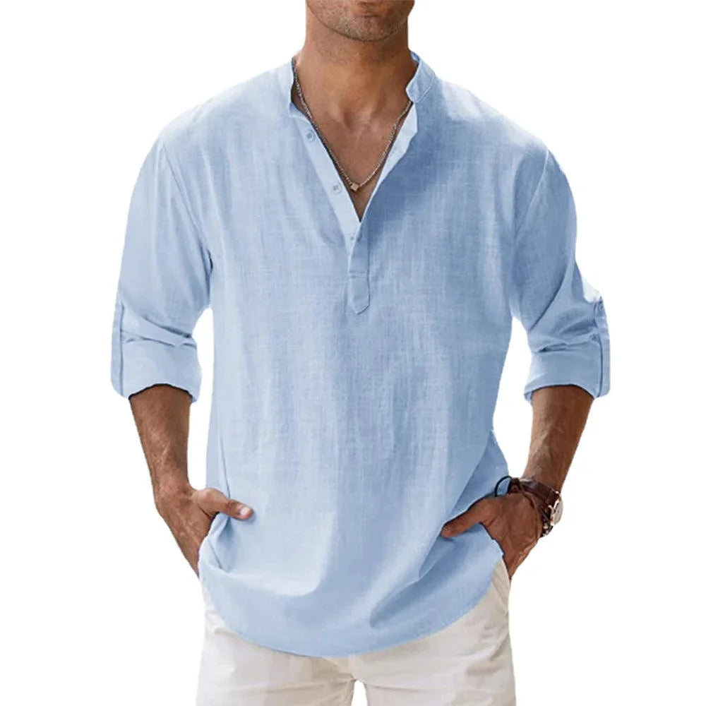 Cotton Linen Men's Long Sleeve Shirts Summer Solid Color Henley Collar Casual Beach Style Hawaiian Vacation