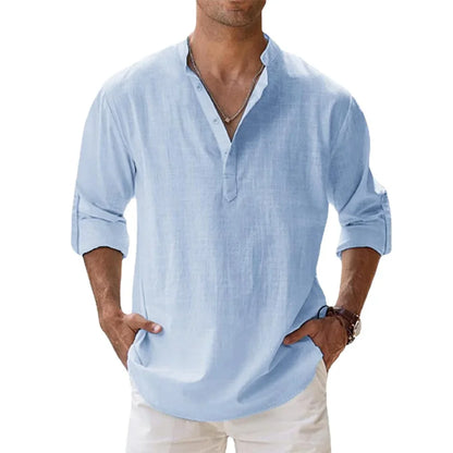 Cotton Linen Men's Long Sleeve Shirts Summer Solid Color Henley Collar Casual Beach Style Hawaiian Vacation