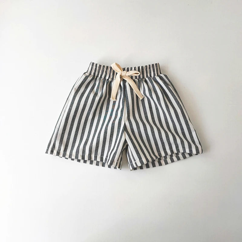 Children's Clothing Vintage Linen Cotton Stripe Pants Baby Boy Girl Casual Shorts Spring Summer Girls Loose Trousers and Shor