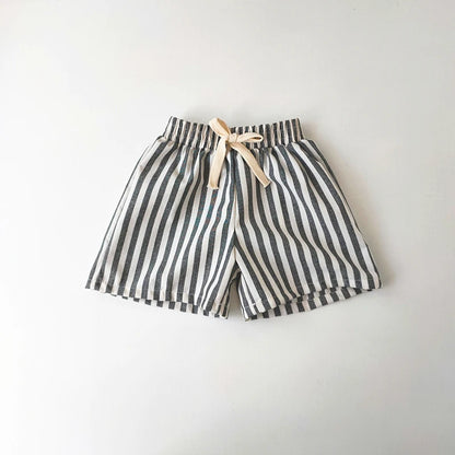Children's Clothing Vintage Linen Cotton Stripe Pants Baby Boy Girl Casual Shorts Spring Summer Girls Loose Trousers and Shor