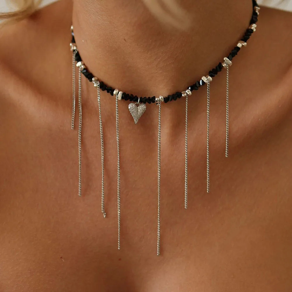 New Irregular Choker Vintage Tassels Zircon Heart Pendant Necklace For Women Female White Imitation Pearl Chain Valentine's G