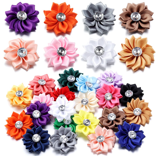 20pcs/lot 40mm Mini Inlaid Rhinestones Small Handmade DIY Satin Ribbon Flowers Head Decorate Clothing Supplies Accessories