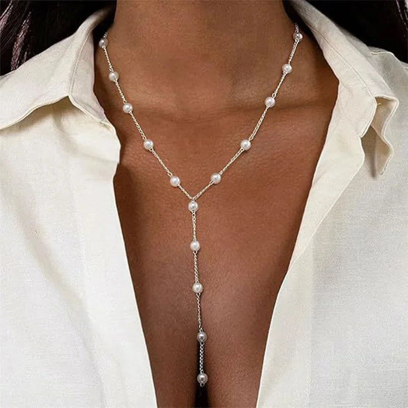 Elegant Imitation Pearl Y-Shaped Lariat Necklace For Women Simple Adjustable Long Sweater Chain Bridal & Banquet Jewelry Gift