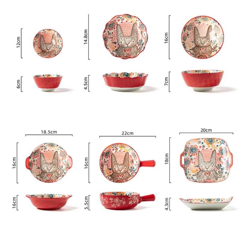 1pc/cute rabbit hand-painted bowl and plate underglaze ceramic household soup bowl commercial hotel noodle bowl fruit salad b