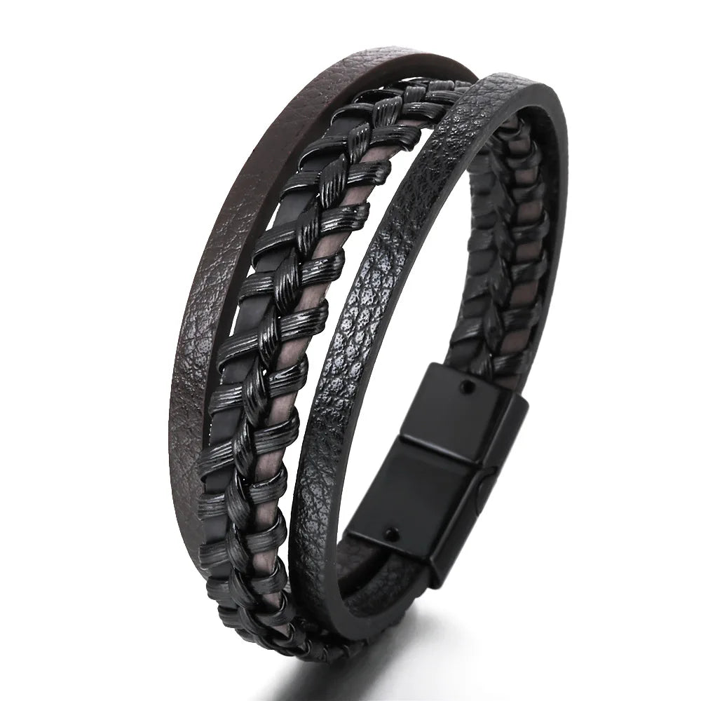 Trendy Leather Bracelets For Men Stainless Steel Bracelet 21CM Multilayer Braided Rope Bracelets for Male Jewelry Gifts - 10