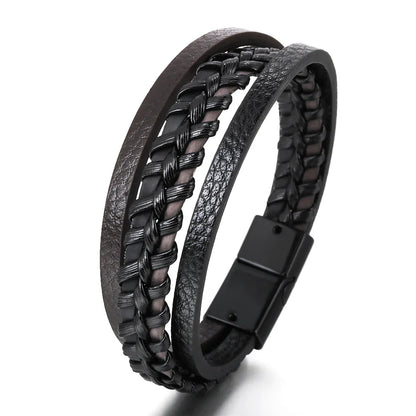 Trendy Leather Bracelets For Men Stainless Steel Bracelet 21CM Multilayer Braided Rope Bracelets for Male Jewelry Gifts - 10