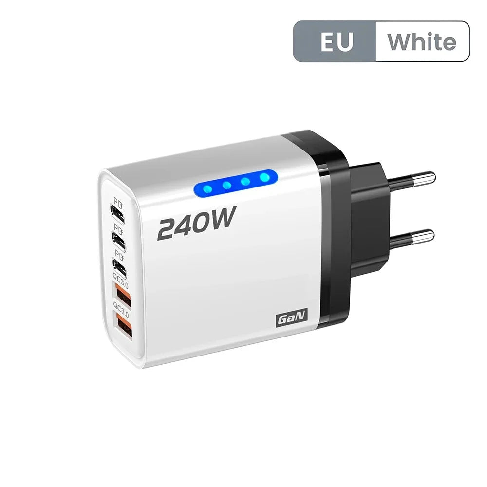 240W GaN USB C Charger 5 in 1 Fast Charging Phone Charger Power Adapter For iPhone Samsung Xiaomi Type C EU/US Plug Wall Char