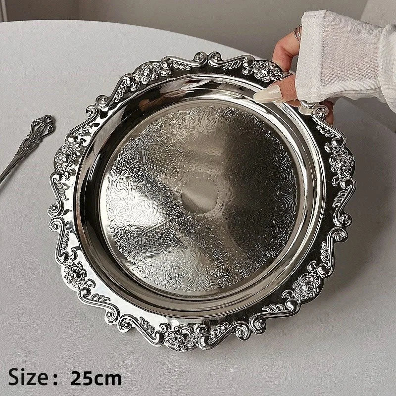 Retro Luxury Silver Plated Plates Cake Dessert Tray High Tea Snack Fruit Dish Jewelry Storage Tabletop Decor Home Hotel Suppl