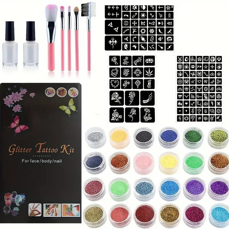 Glitter Temporary Tattoo Set 24 Colors with 2 Bottles of Glue,3 Sheets of Stencil Paper for Stage Performances,Christmas Part