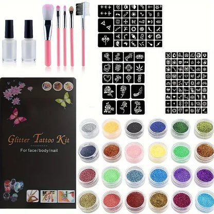 Glitter Temporary Tattoo Set 24 Colors with 2 Bottles of Glue,3 Sheets of Stencil Paper for Stage Performances,Christmas Part