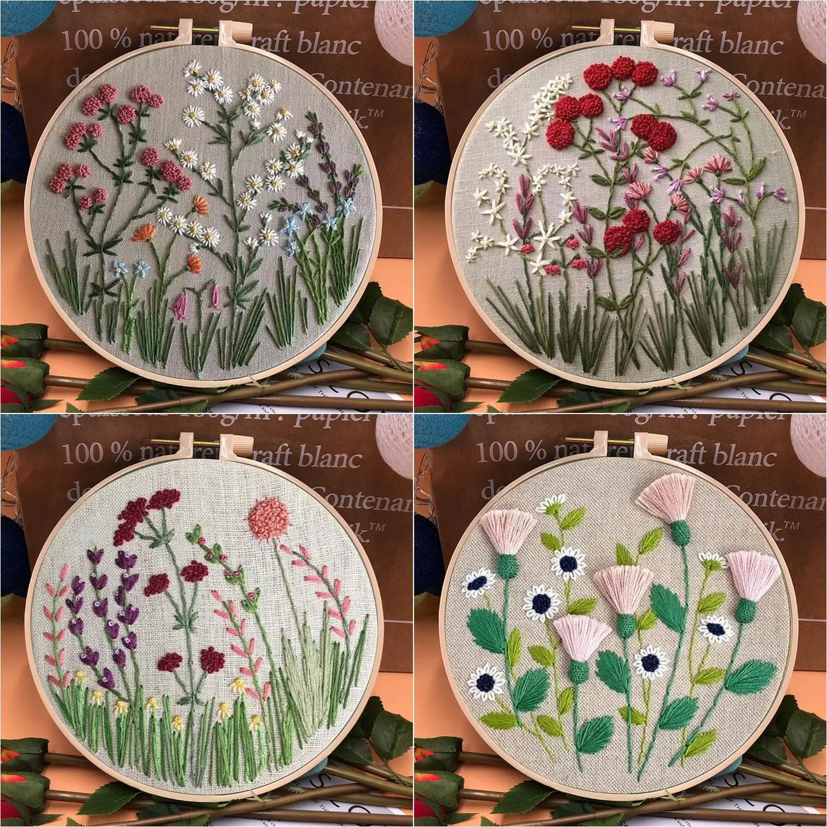 3D Embroidery Starter Kits with Flowers Pattern for Adults Beginners, Floral Stamped Cross Stitch Kit, Hand DIY Needlepoint K
