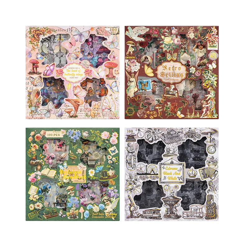 100pcs Large box Stickers Vintage Butterfly Flowers Plant Decorative Adhesive Diy Scrapbooking Material Junk Journal Supplies