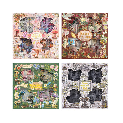 100pcs Large box Stickers Vintage Butterfly Flowers Plant Decorative Adhesive Diy Scrapbooking Material Junk Journal Supplies