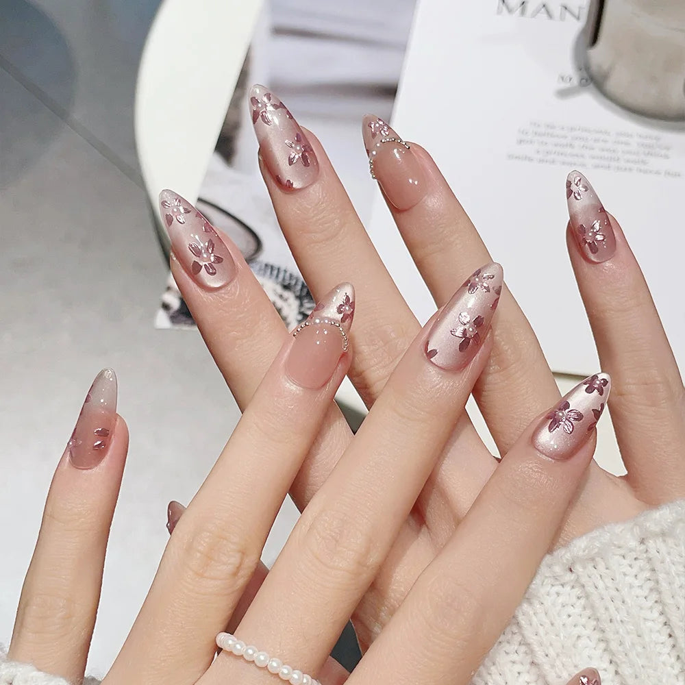 10pcs Medium Almond Handmade Press On Nails Kit, Pink Fake Nails, Noble Elegant Wearable Nail Art, Splendid Flowers